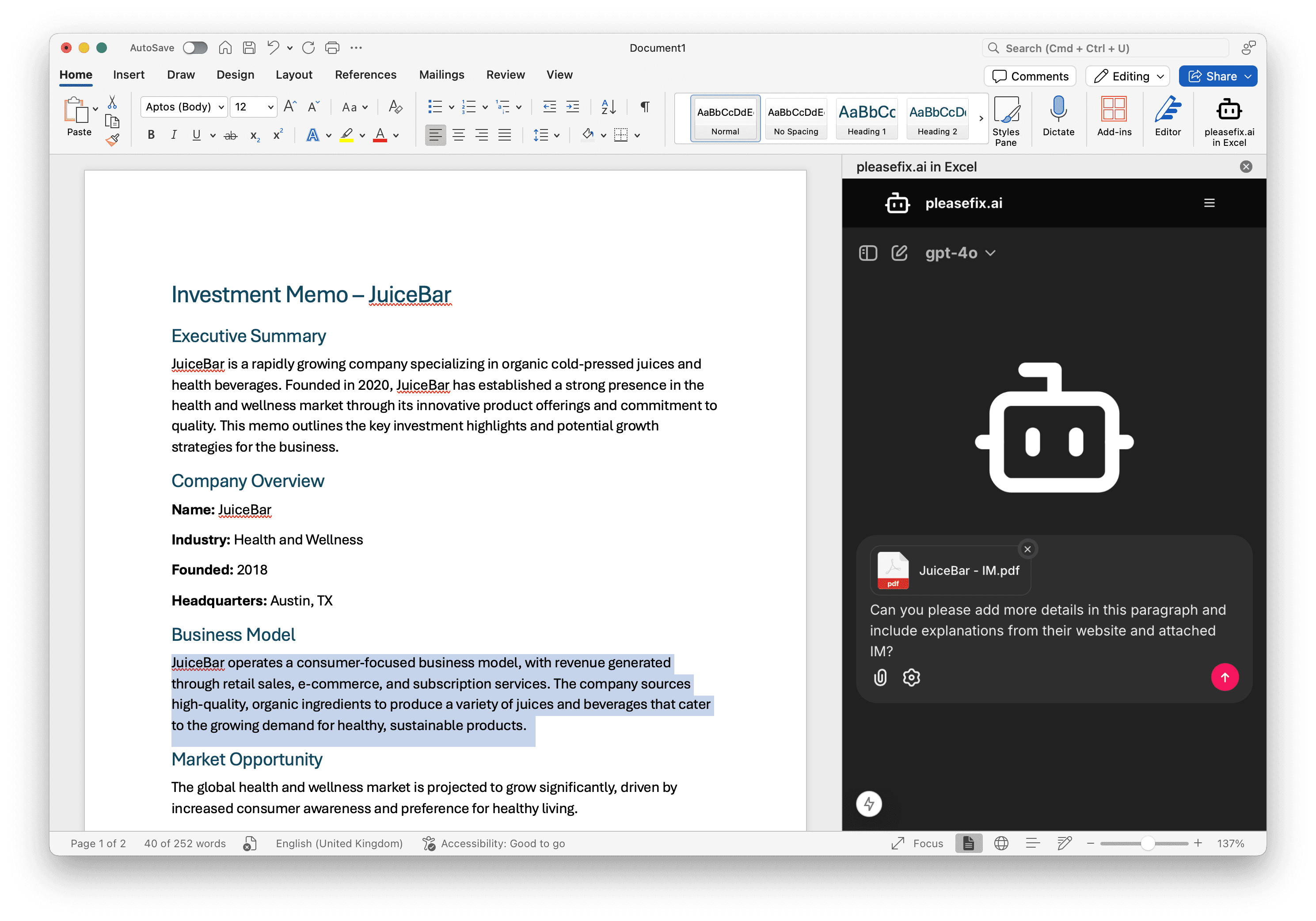 Word integration screenshot